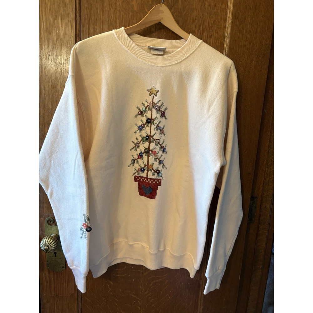 Womens Holiday Christmas Sweatshirt Embroidered Christmas Tree Buttons Large USA
